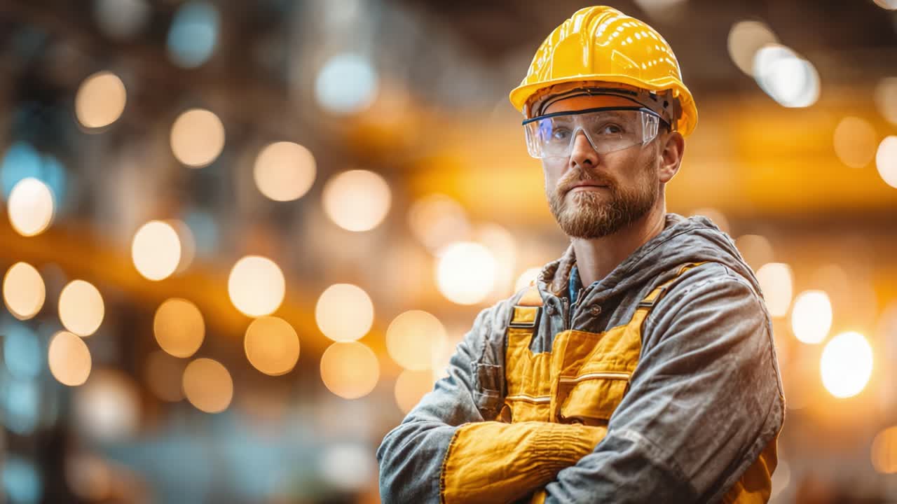 A focused worker in safety gear stands confidently in an industrial setting, epitomizing dedication and professionalism amidst a vibrant backdrop of blurred lights