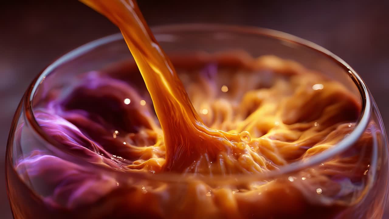 A Spectacular Close-Up of Liquid Pouring into a Glass, Showcasing the Rich Swirls of Color and Texture in a Beautifully Captivating Moment of Fluid Dynamics
