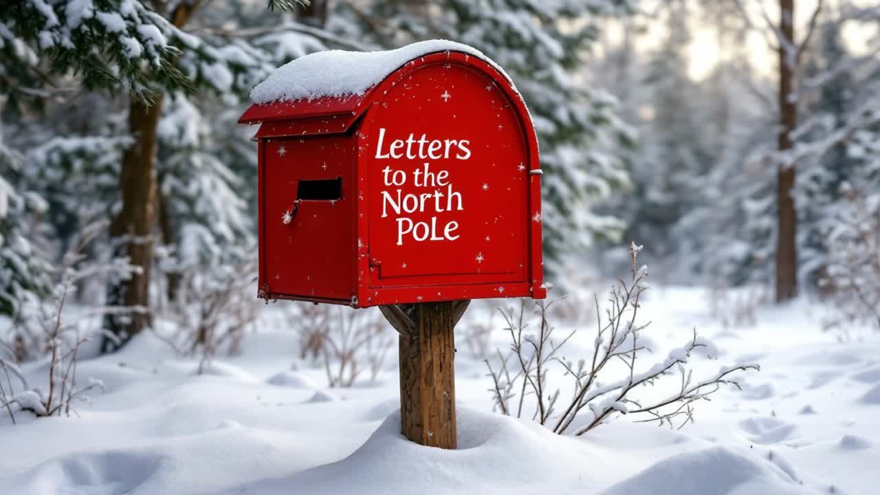 Red Mailbox for Letters to the North Pole in a Snowy Winter Forest