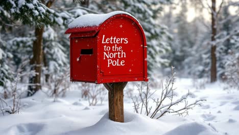 red mailbox for letters to the north pole in a snowy winter forest