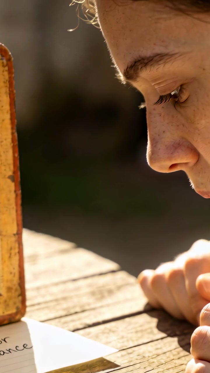 Video verticale: Adolescente che nota una nota piegata, si china e legge a un tavolo da picnic con una scatola usurata nelle vicinanze