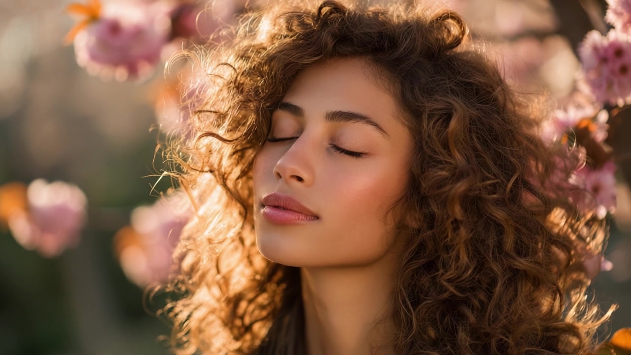 Un momento sereno catturato nella luce soffusa del sole con una giovane donna che mostra la sua bellezza naturale tra fiori in fiore, incarnando pace, tranquillità e gioia di vivere.