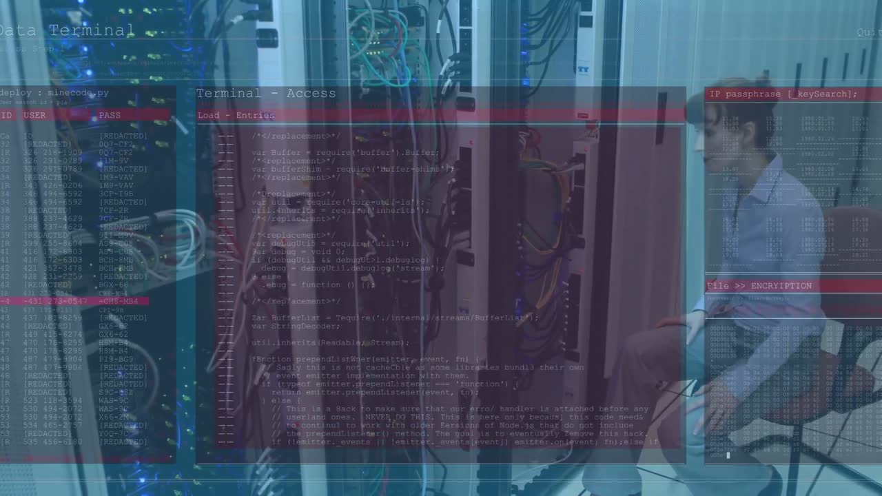 animación de ataque cibernético texto y procesamiento de datos sobre técnica informática caucásica por servidor