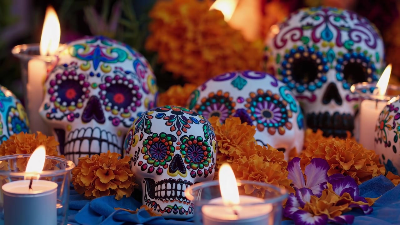 Teschi di zucchero tradizionali e fiori di calendula per il Dia de los Muertos
