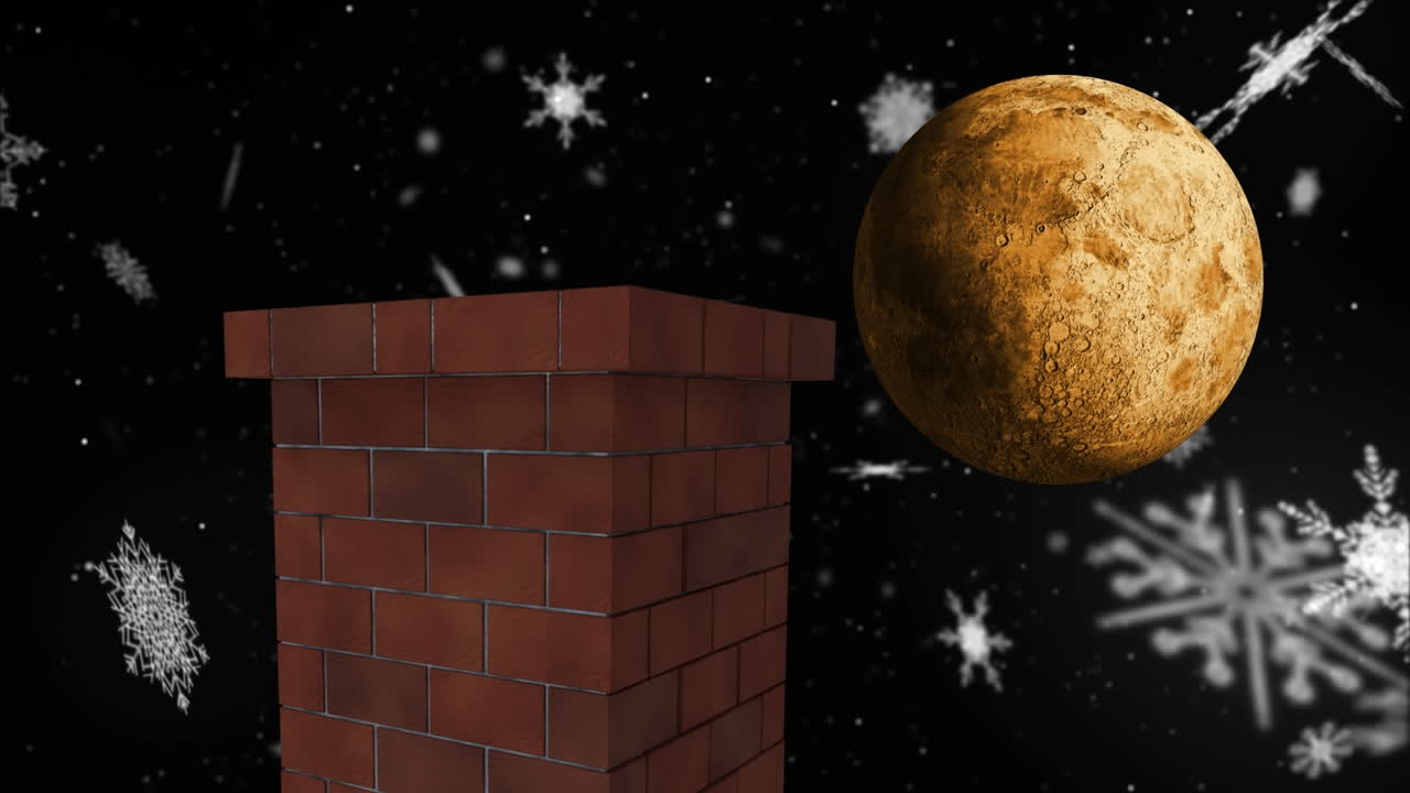 анимация зимнего рождественского пейзажа с дымоходом, падающим снегом и луной