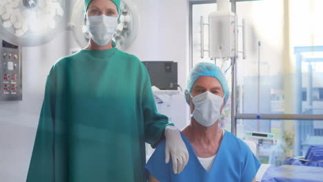 animación del procesamiento de datos sobre diversos cirujanos con máscaras faciales en el hospital