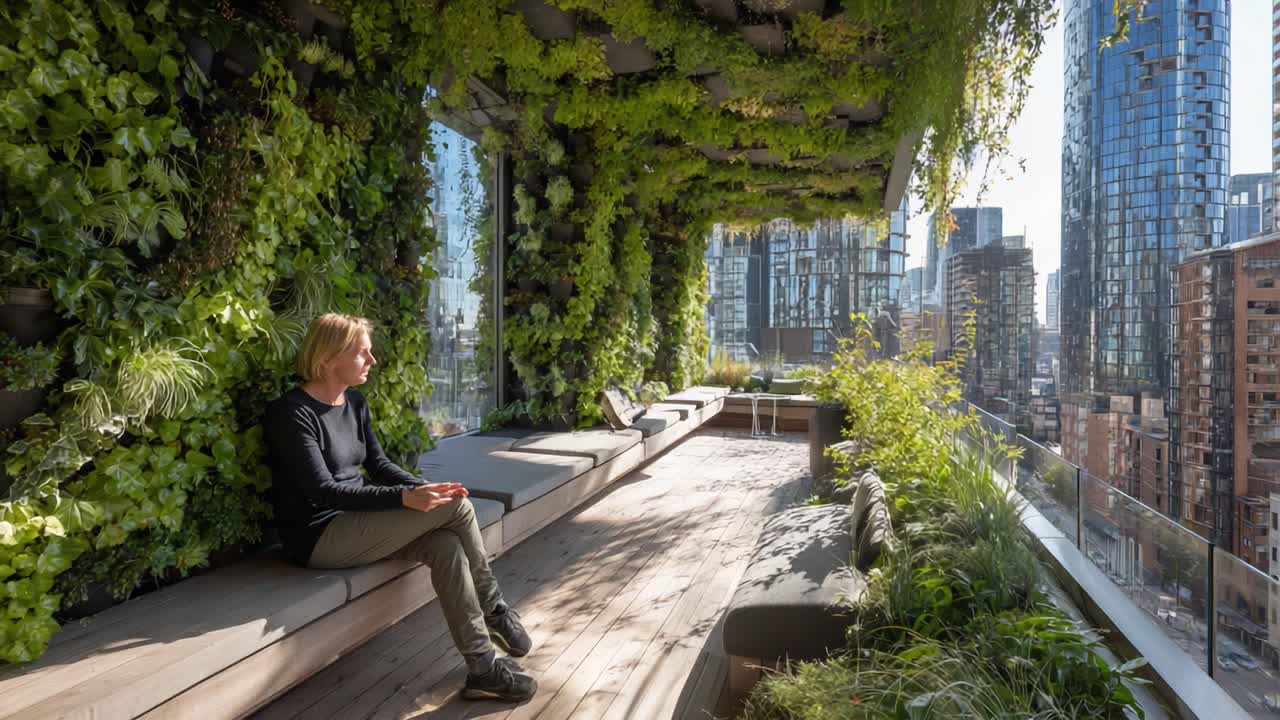 A Serene Green Oasis: Embracing Nature in an Urban Setting with Lush Plants and Scenic Skyline Views from a Modern Rooftop Retreat