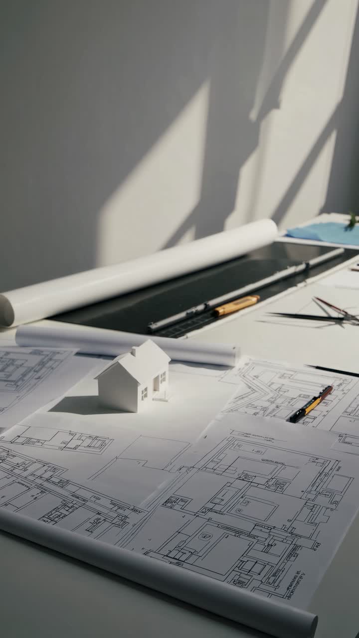 Aerial view of architectural blueprints with a small house model, pens, and tools