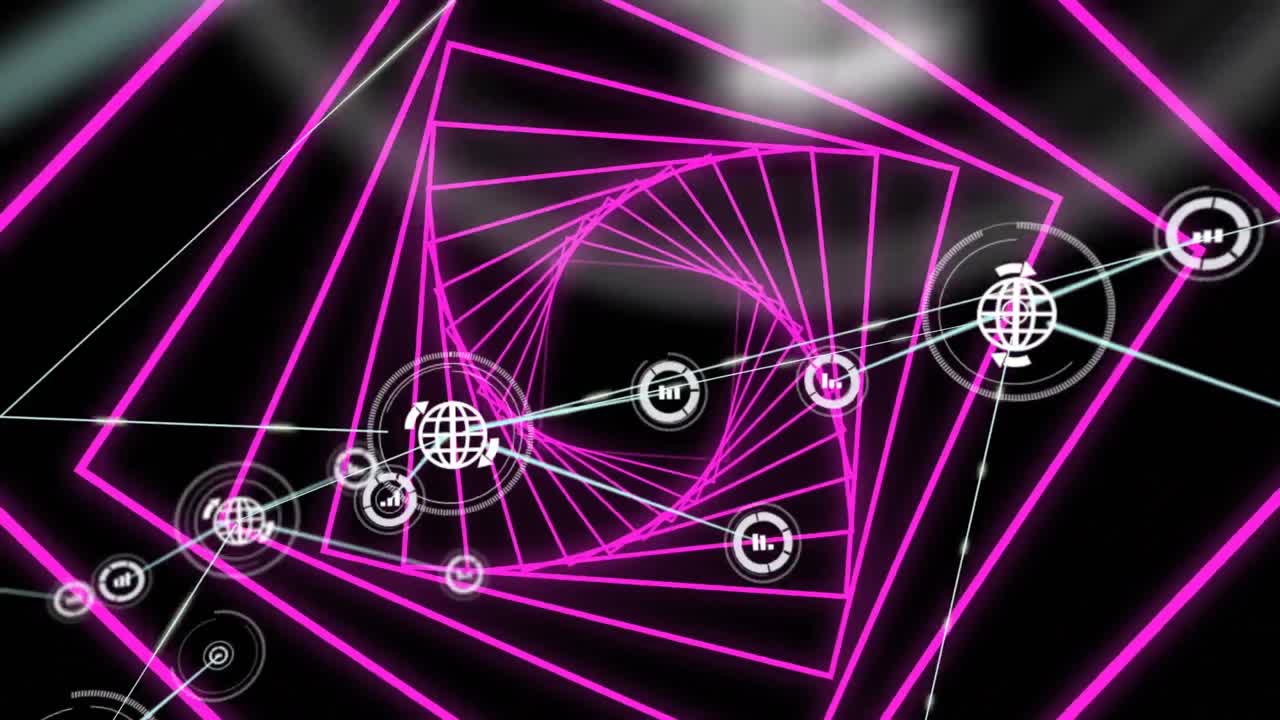 animación digital de una red de iconos digitales contra un túnel brillante de color rosa neón sobre un fondo negro