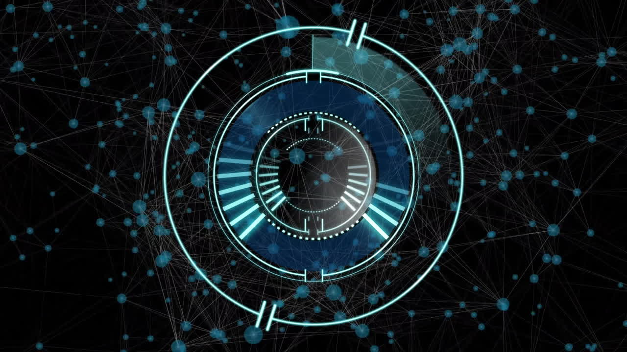 Animation showing futuristic digital interface with rotating elements in blue tones