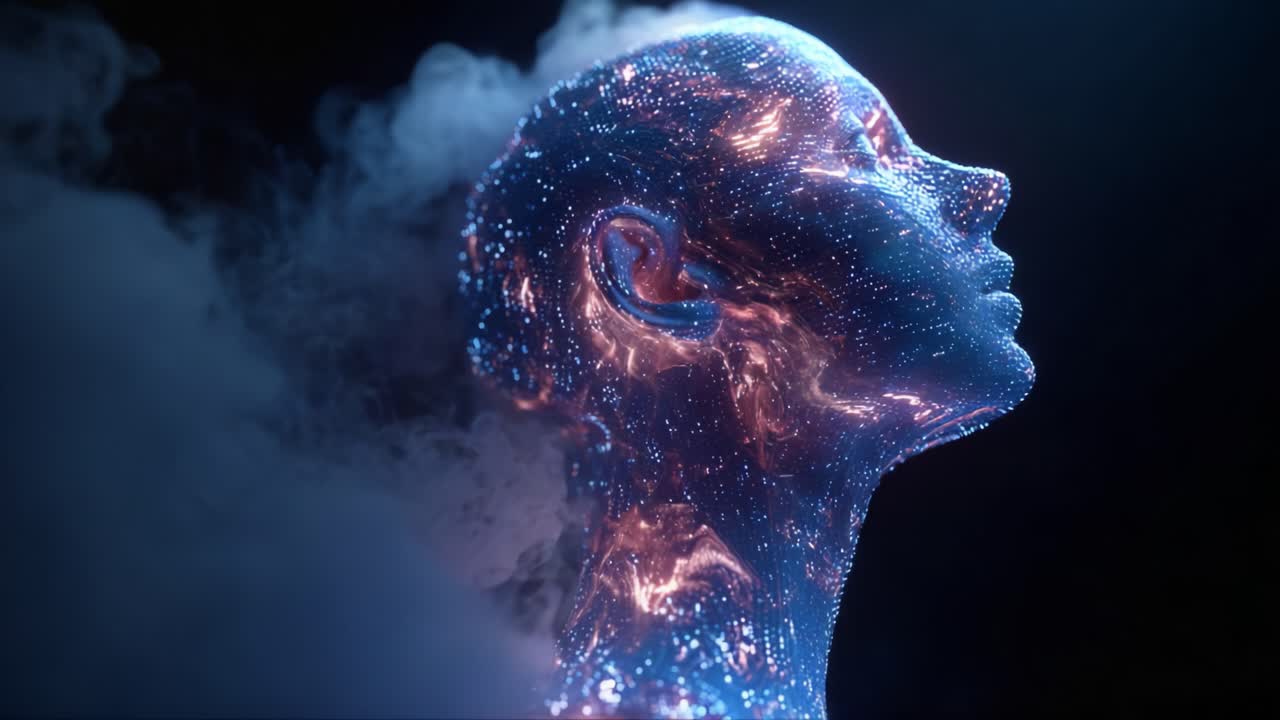 Ethereal Digital Human Form Enveloped in Futuristic Smoke, Radiating a Vivid Array of Colorful Light Patterns, Illustrating the Intersection of Technology and Humanity in a Surreal Artistic Representation