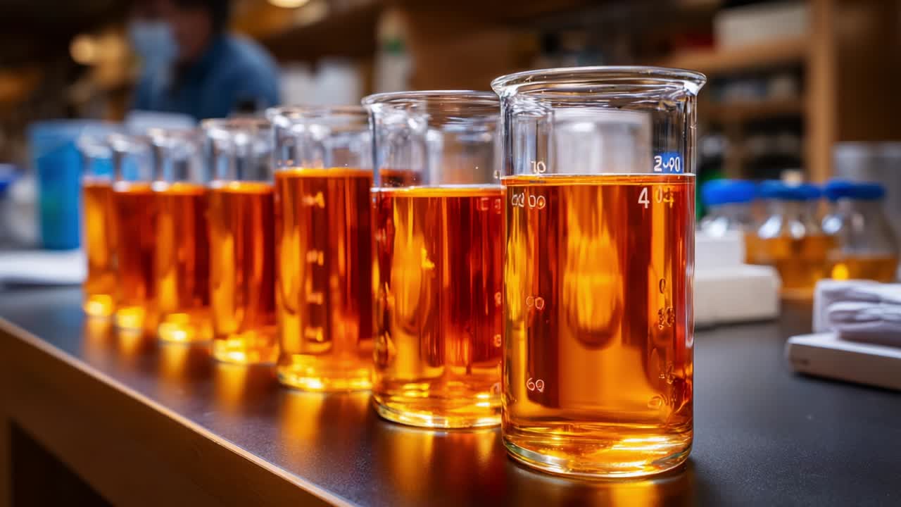 A series of laboratory beakers filled with vibrant orange liquids, showcasing the experimental setup in a scientific research environment, emphasizing the importance of orderly presentation in chemistry