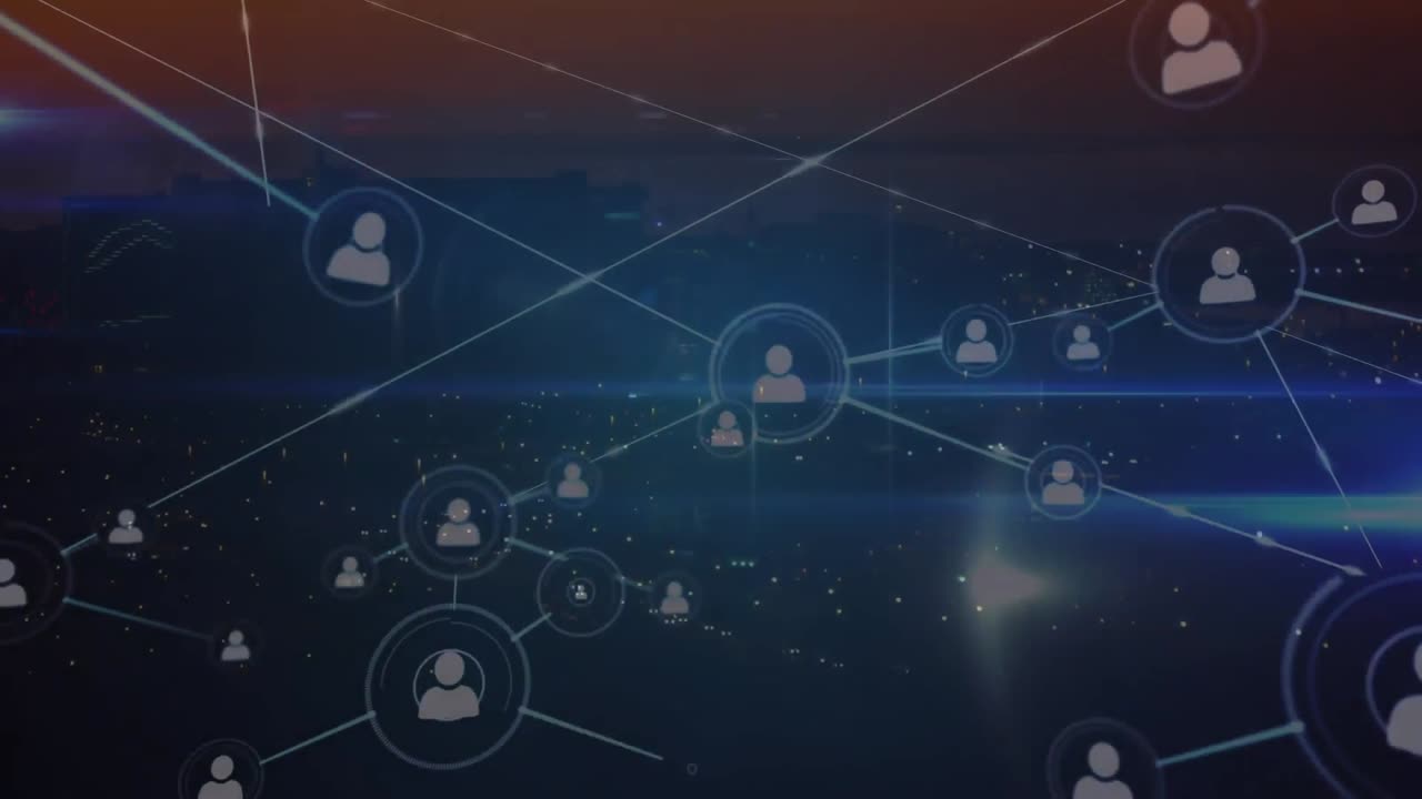 animación de la red de conexiones con iconos sobre fondo azul