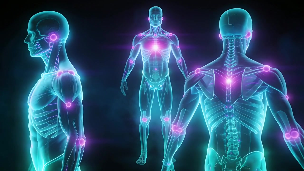 Sequence starting center holo model stepping in VR showing ribcage spine magenta joints for study