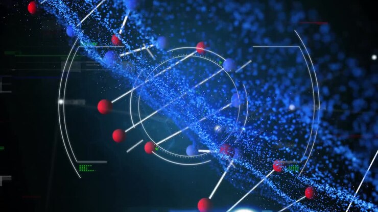Animazione di punti blu e scansione strumentale su filamento di DNA