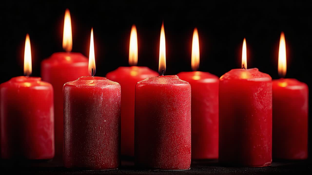 Una serena esposizione di candele rosse tremolanti che illuminano l'oscurità, creando un'atmosfera calda e invitante per la meditazione e il relax.