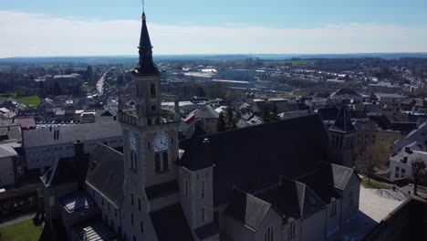 aerial view of a town with a church