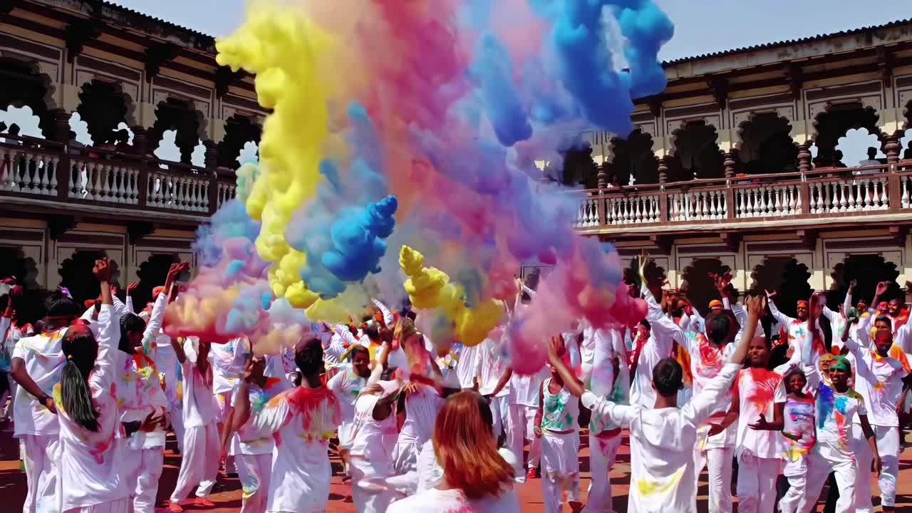 Video ripreso dall'alto che cattura una vivace scena del festival Holi con persone che lanciano gioiosamente colori.