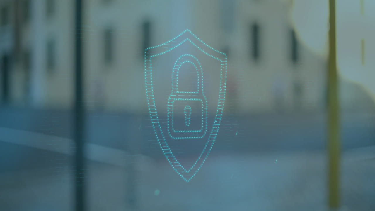 Symbolizing cybersecurity, digital lock icon with animation over urban background