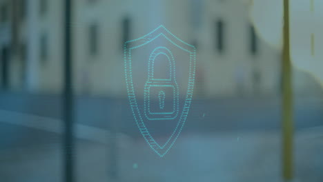 symbolizing cybersecurity, digital lock icon with animation over urban background