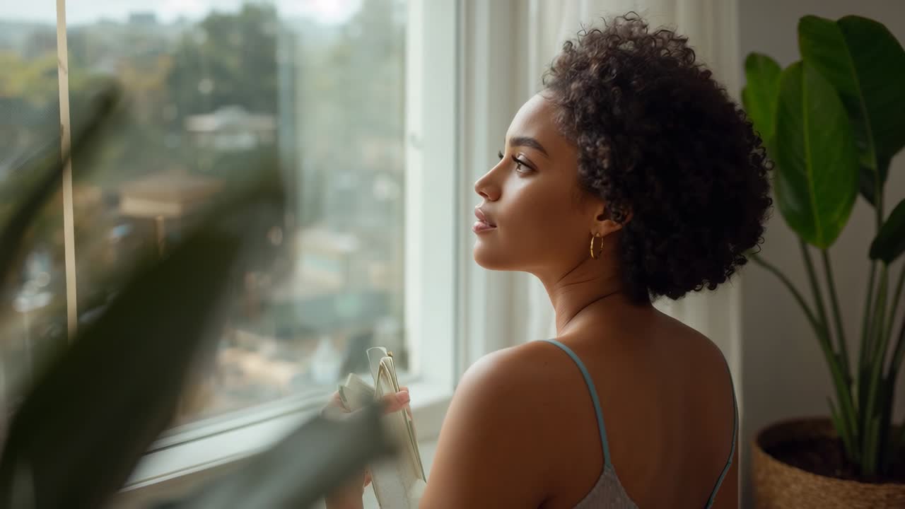Standing woman in gray top holding shoe at sill, camera tightening while gazing and reflecting