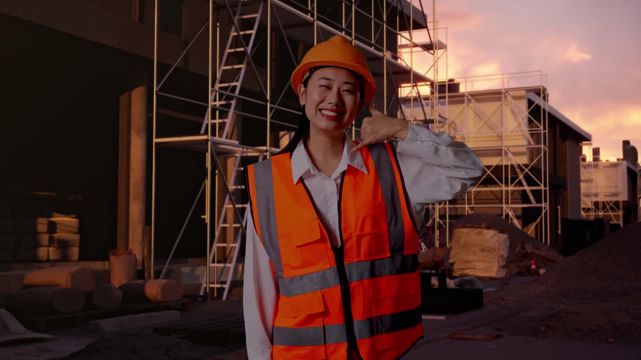 Asian Female Engineer With Safety Helmet Smiling To Camera And Making Call Me Gesture While Standing At Construction Site in Progress to New House