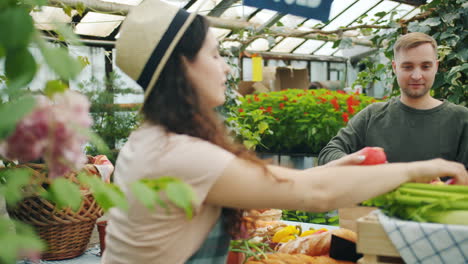 woman buying fruits from a man at a greenhouse farmer's market