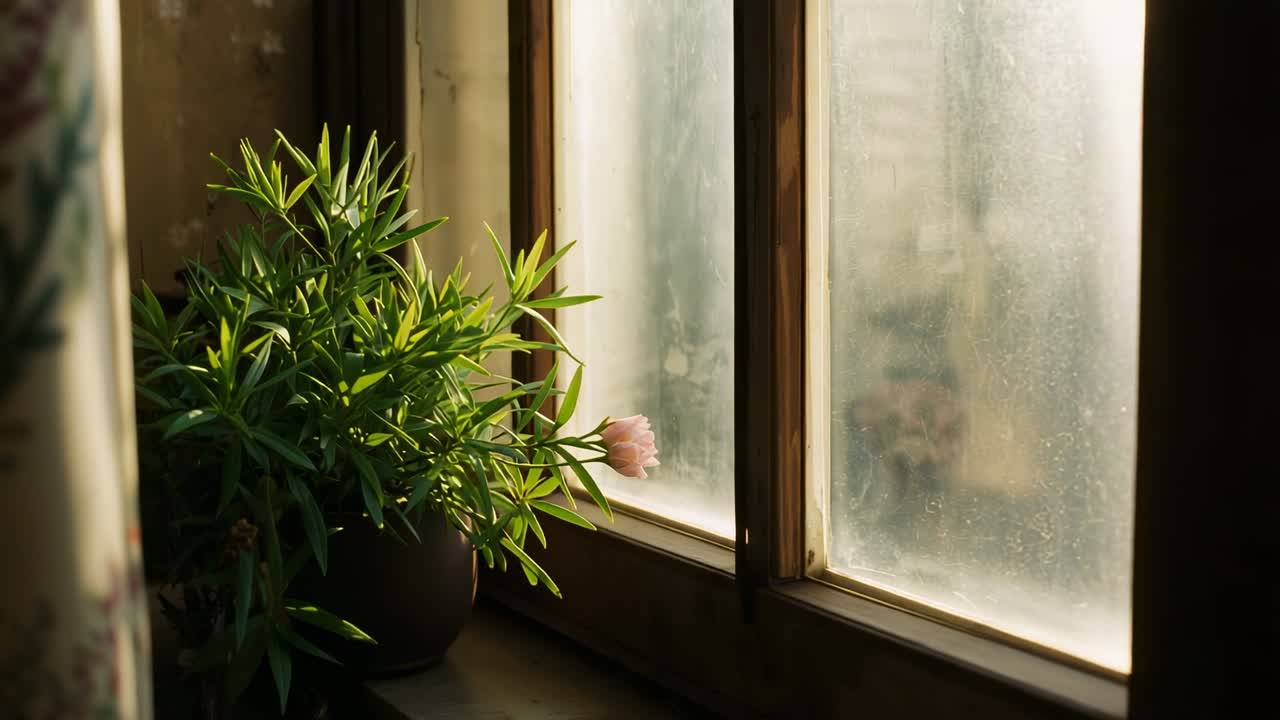 En grøn plante i en lerkrukke med en lyserød blomst hælder og bevæger sig langs vindueskarmen, mens varmt lys lyser rummet op.