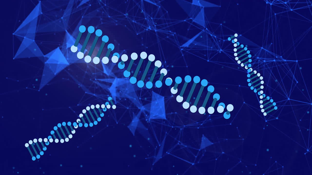 DNA strands and network connections, scientific data processing animation