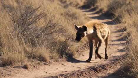 spotted hyena walking on a desert path