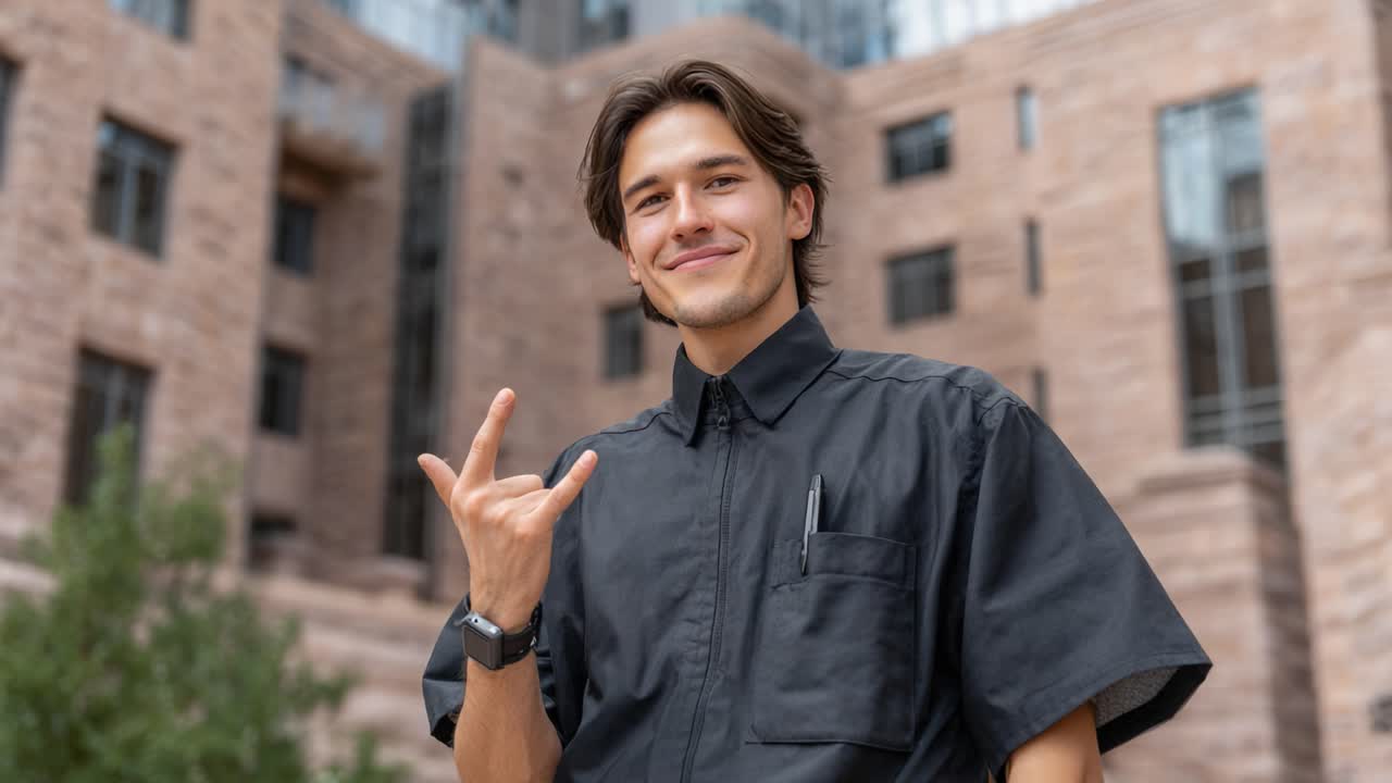 Un giovane uomo fiducioso che fa un gesto di positività davanti a un edificio moderno, mostrando stile e sicurezza di sé in un ambiente urbano.