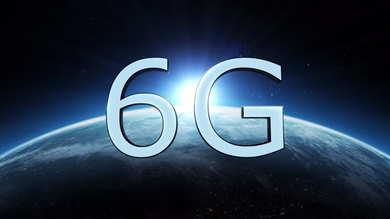 Animation of green hexagons and 6g over globe rotating in space