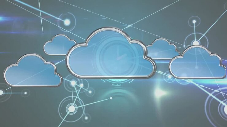 Animation of clock moving fast over digital clouds and network of connections