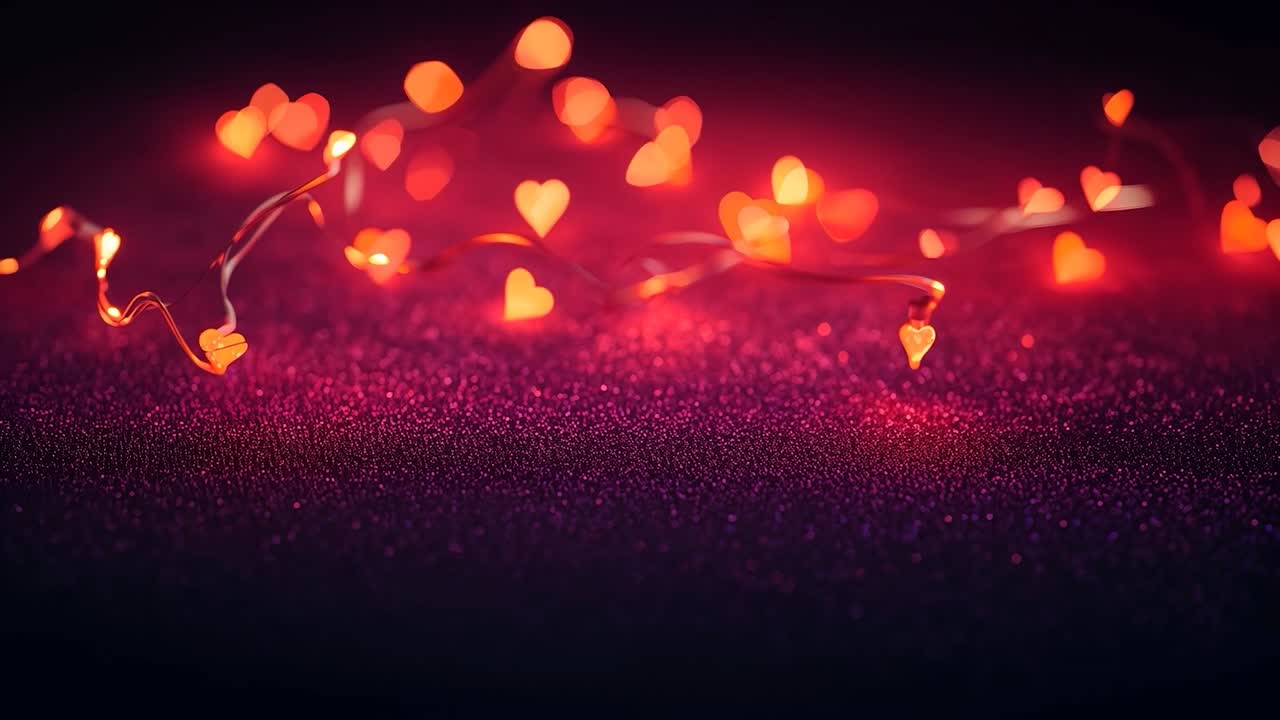 Guirnalda brillante de luces de San Valentín en forma de corazón sobre una mesa brillante y tenue, con un movimiento suave