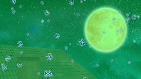 Animation-Von-Weihnachtsschnee,-Der-In-Einer-Winterlandschaft-Mit-Vollmond-Auf-Grünem-Hintergrund-Fällt