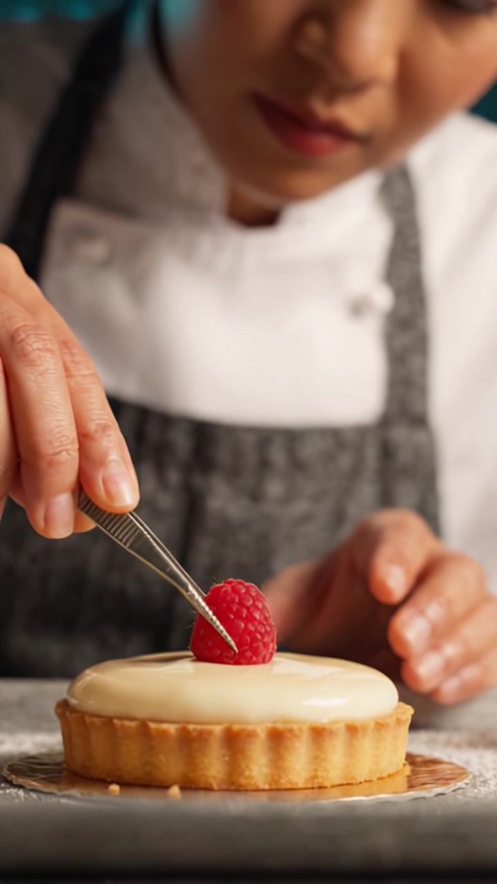 Confeiteiro experiente aperfeiçoando uma torta de framboesa com creme sedoso e uma guarnição de framboesas frescas em um ambiente de cozinha moderna.