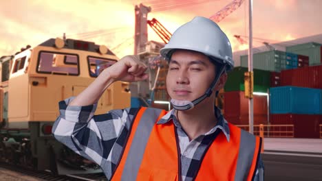 close up of asian male engineer with safety helmet flexing his bicep and smiling to camera while standing with freight cargo train at port