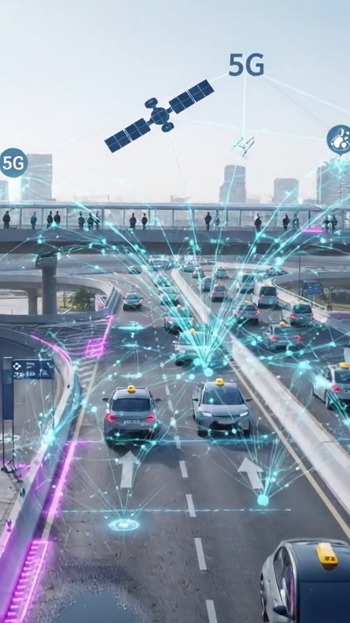 Il futuro della mobilità urbana: taxi autonomi connessi che utilizzano la tecnologia 5G nel traffico con gestione avanzata del traffico e sistemi di comunicazione in tempo reale.