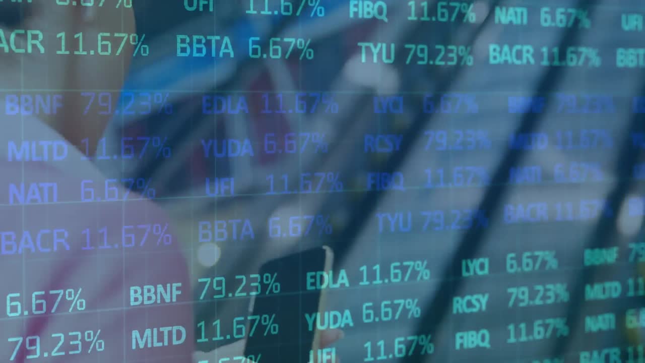 Stock market data processing against caucasian businesswoman using smartphone on the escalator