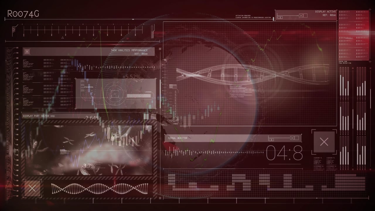 Animation of globe, chromosomes and diverse data processing on digital screen