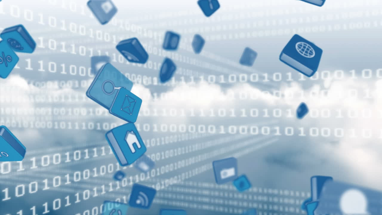 밝은 하늘에 있는 인터넷 아이콘과 기호