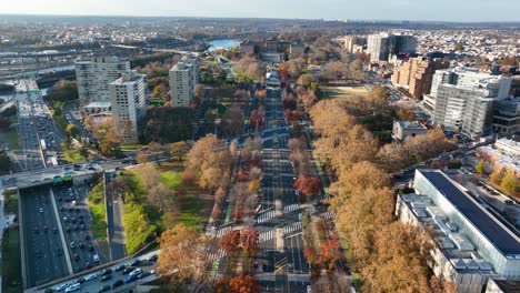 high aerial over philadelphia traffic tracking ben franklin parkway