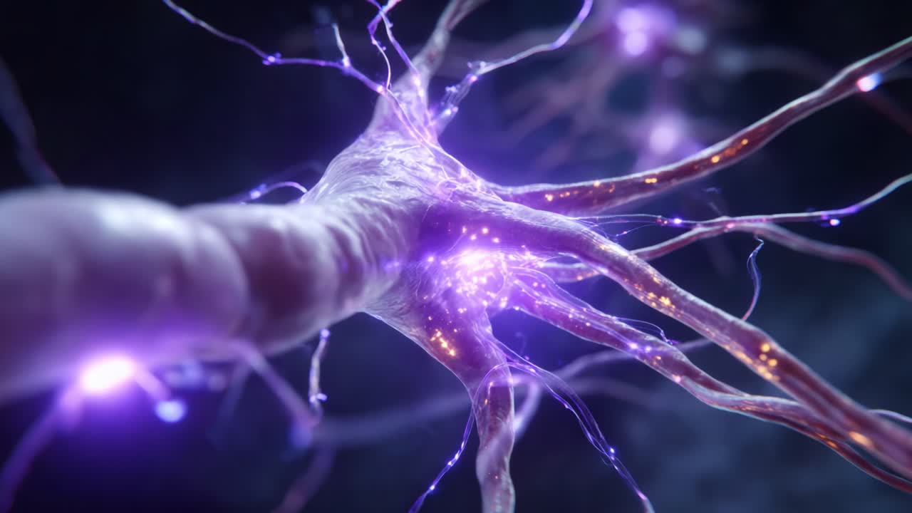 Close-up Visualization of a Neuron with Glowing Connections, Illustrating Neural Activity in a High-Detail, Vibrant, and Scientific Artistic Presentation
