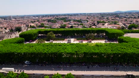 Aerial-establishing-shot-of-LGBTQ+-protesters-protesting-in-a-park-in-Montpellier