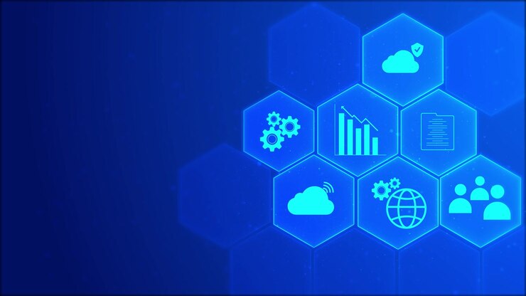 Visual de painel hexagonal de negócios digitais com ícones ciano brilhantes, gráfico de análises, equipe de serviço em nuvem