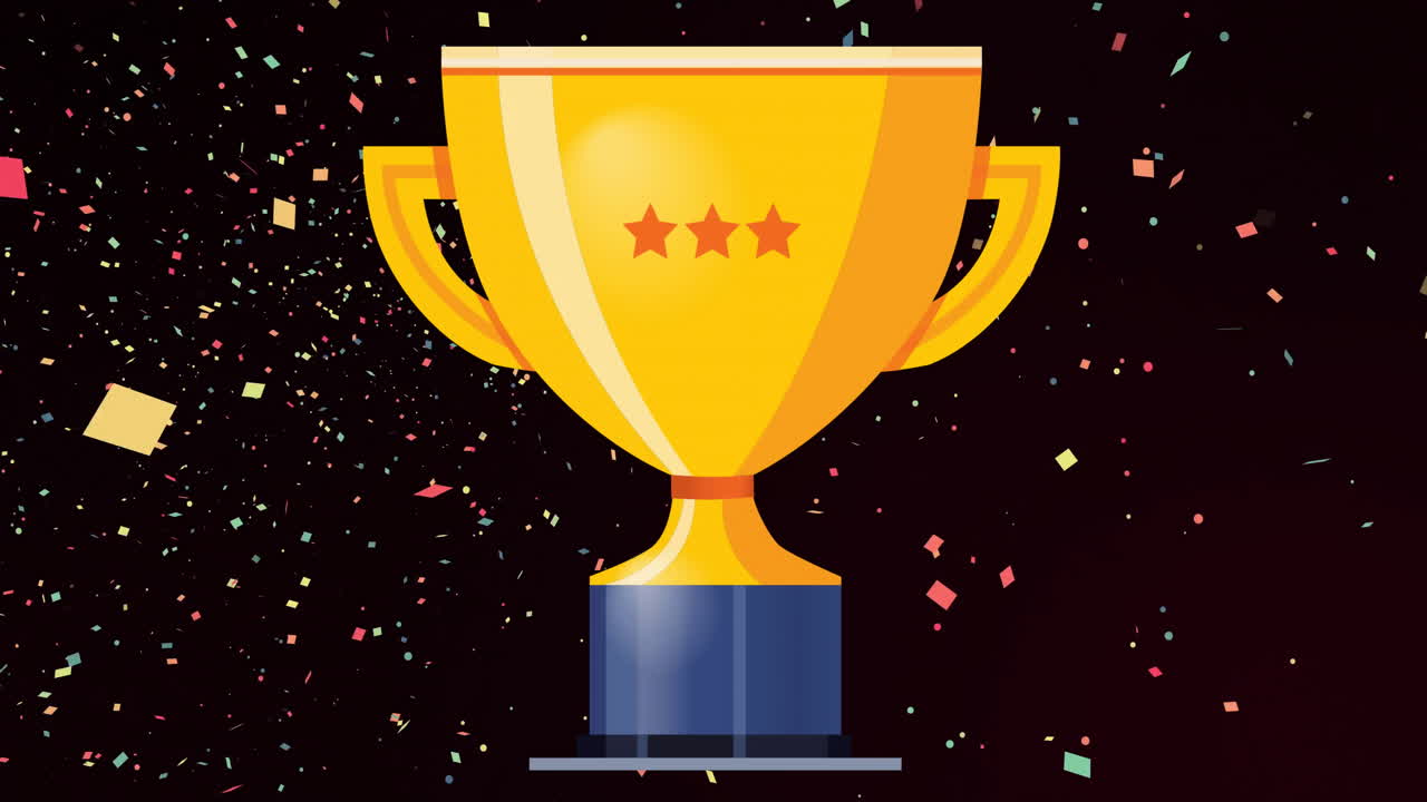 animación de trofeo de oro y confeti cayendo sobre fondo negro