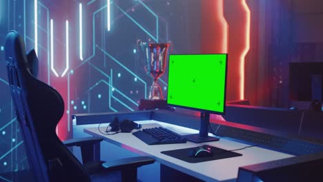 en el campeonato de juegos cibernéticos: estación de juegos vacía con la pantalla clave de croma verde de la computadora del jugador en exhibición. evento de transmisión en vivo del torneo de juegos cibernéticos en línea