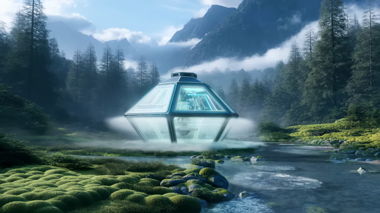 Mysterious Glowing Structure in a Serene Forest Landscape