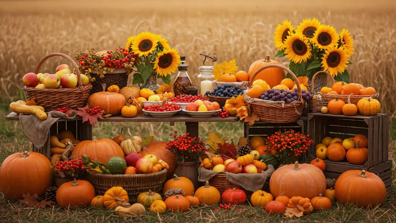 A Vibrant Autumn Harvest Display Featuring Pumpkins, Apples, Sunflowers, and Bountiful Fruits Set Against a Golden Field Background