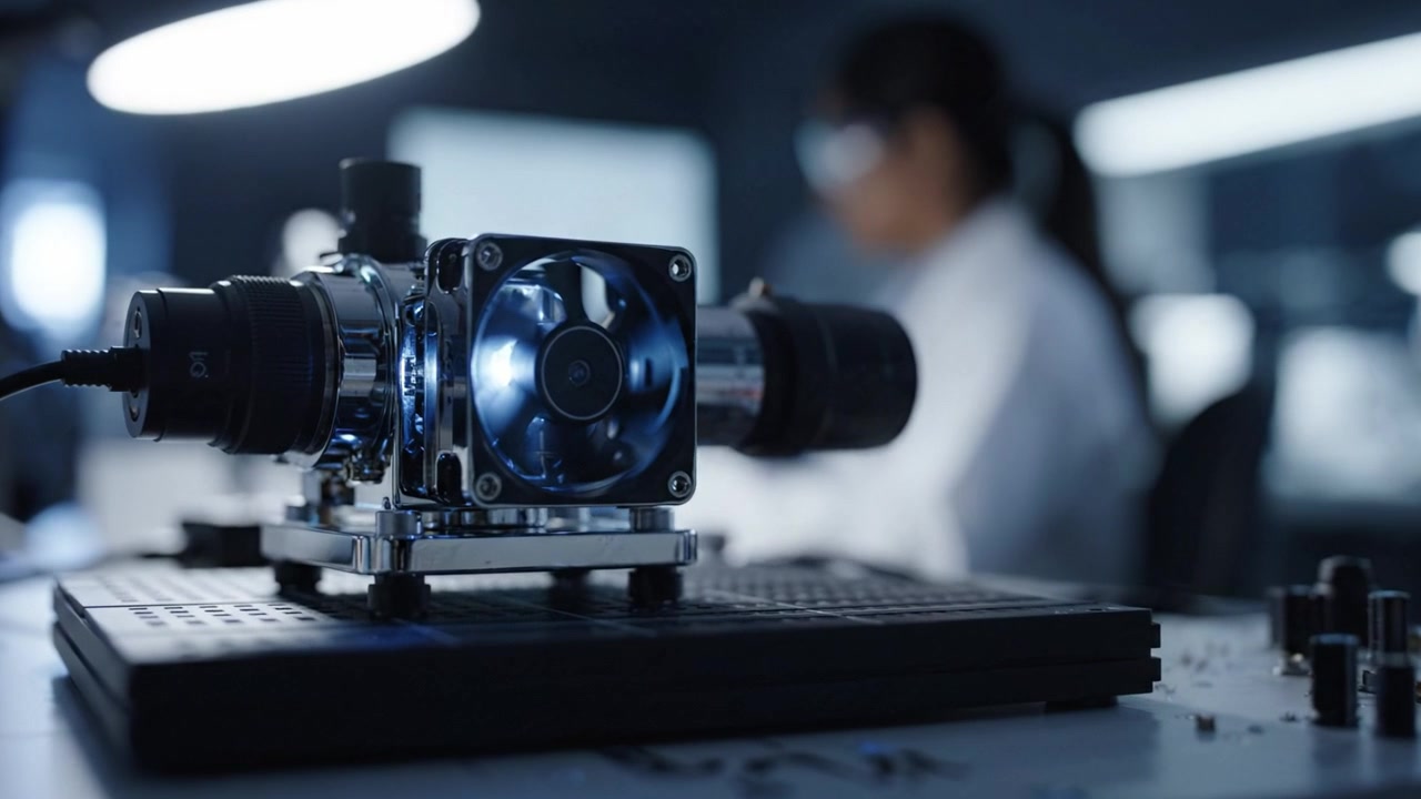 Fortschrittliche optische Ausrüstung in einer modernen Laborumgebung: Fokus auf Präzisionsbildgebung und experimentelle Analyse mit einem High-Tech-Kamerasystem.